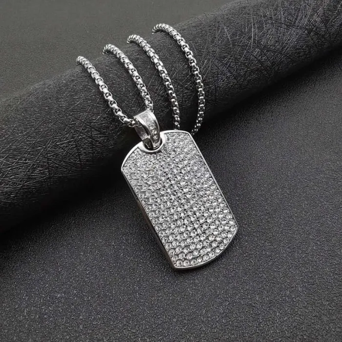 Wholesale Rectangle Pendant Necklace – Bulk Gold-Plated Titanium/Stainless Steel Hip Hop Jewelry with Full Rhinestones
