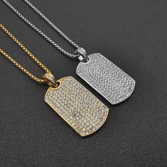 Wholesale Rectangle Pendant Necklace – Bulk Gold-Plated Titanium/Stainless Steel Hip Hop Jewelry with Full Rhinestones