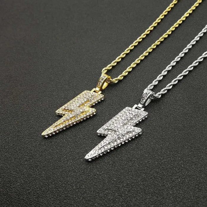 Wholesale Lightning Pendant Necklace – Bulk Gold-Plated Titanium Steel Hip Hop Jewelry with Full Rhinestones