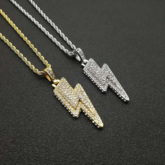 Wholesale Lightning Pendant Necklace – Bulk Gold-Plated Titanium Steel Hip Hop Jewelry with Full Rhinestones