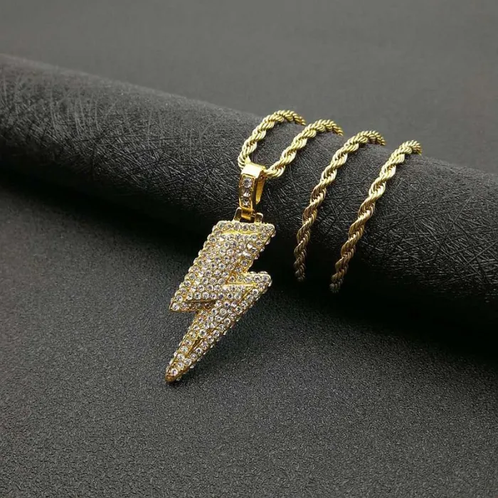 Wholesale Lightning Pendant Necklace – Bulk Gold-Plated Titanium Steel Hip Hop Jewelry with Full Rhinestones