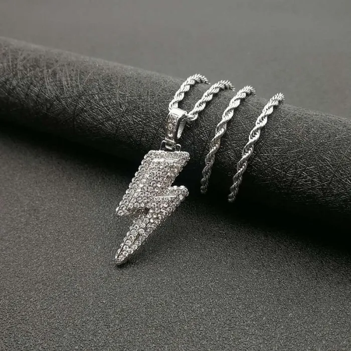 Wholesale Lightning Pendant Necklace – Bulk Gold-Plated Titanium Steel Hip Hop Jewelry with Full Rhinestones