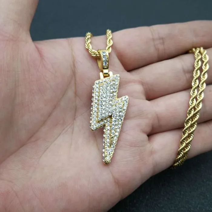 Wholesale Lightning Pendant Necklace – Bulk Gold-Plated Titanium Steel Hip Hop Jewelry with Full Rhinestones