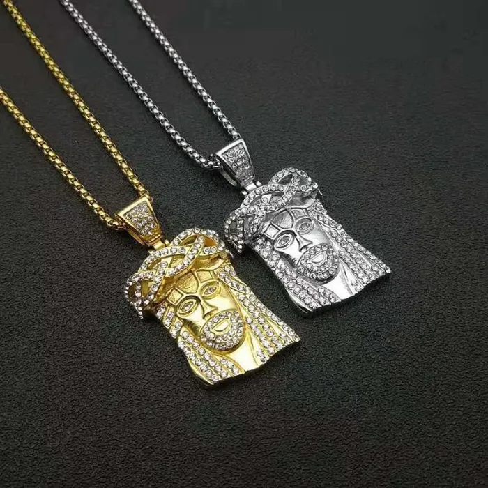 Wholesale Jesus Pendant Necklace – Bulk Gold-Plated Stainless Steel Hip Hop Jewelry with Rhinestones