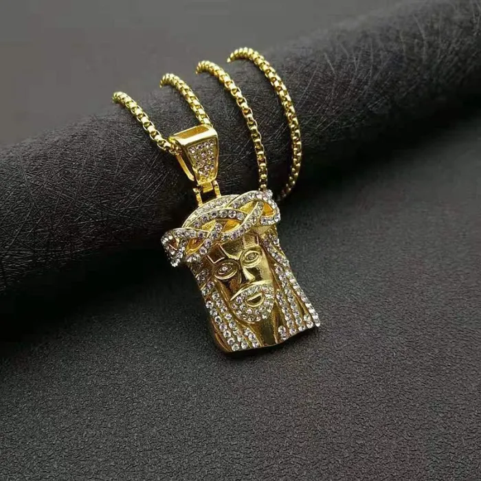 Wholesale Jesus Pendant Necklace – Bulk Gold-Plated Stainless Steel Hip Hop Jewelry with Rhinestones