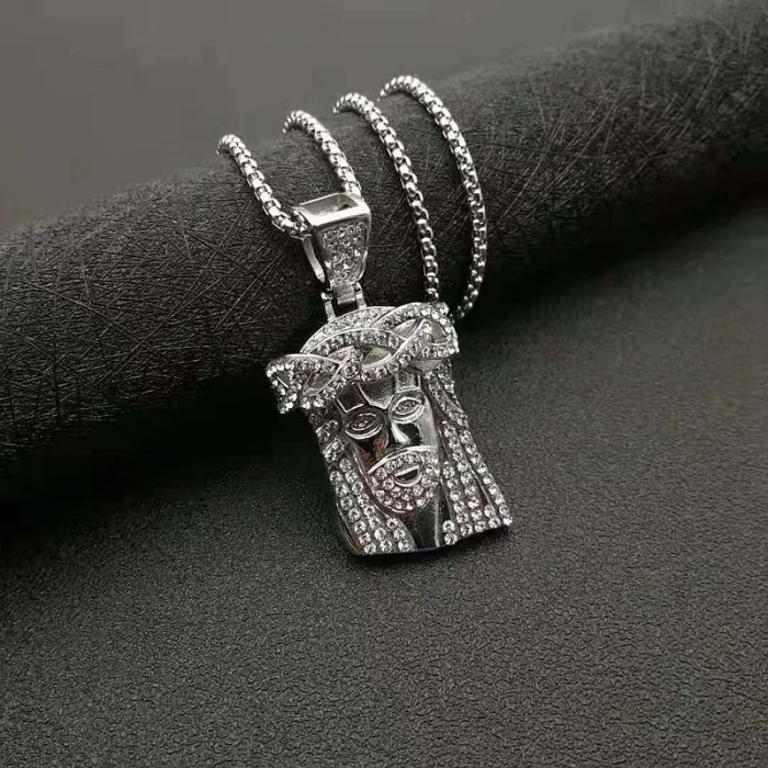 Wholesale Jesus Pendant Necklace – Bulk Gold-Plated Stainless Steel Hip Hop Jewelry with Rhinestones