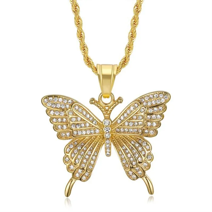 Wholesale Butterfly Pendant Necklace – Bulk Vacuum-Plated Stainless Steel Hip Hop Jewelry with Full Rhinestones DW311A