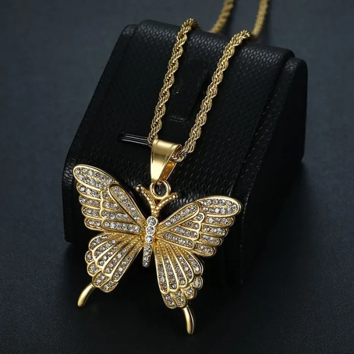 Wholesale Butterfly Pendant Necklace – Bulk Vacuum-Plated Stainless Steel Hip Hop Jewelry with Full Rhinestones DW311A