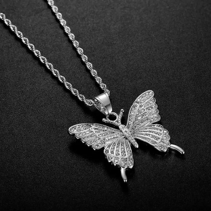 Wholesale Butterfly Pendant Necklace – Bulk Vacuum-Plated Stainless Steel Hip Hop Jewelry with Full Rhinestones DW311A