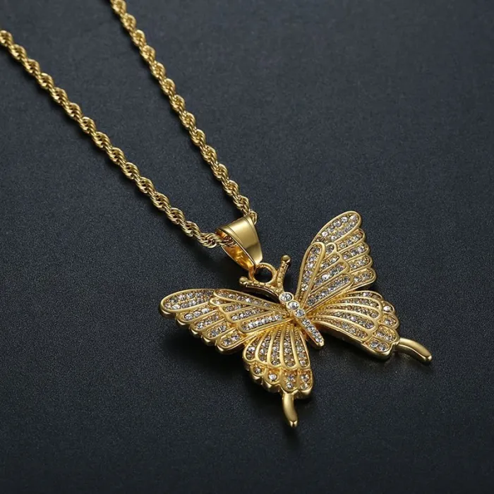 Wholesale Butterfly Pendant Necklace – Bulk Vacuum-Plated Stainless Steel Hip Hop Jewelry with Full Rhinestones DW311A