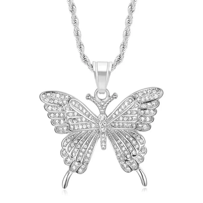 Wholesale Butterfly Pendant Necklace – Bulk Vacuum-Plated Stainless Steel Hip Hop Jewelry with Full Rhinestones DW311A