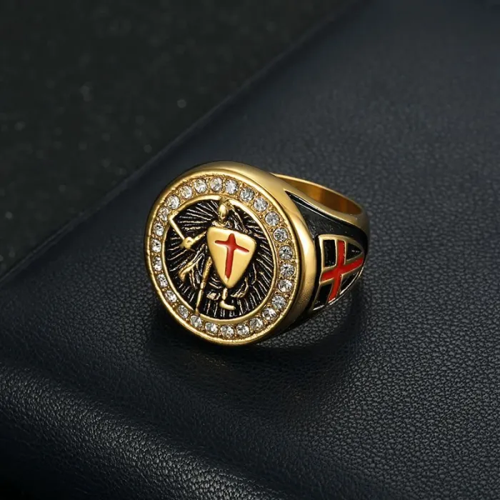 Wholesale Templar Shield Ring – Bulk Gold-Tone Titanium Steel Hip Hop Ring with Red Cross for Men