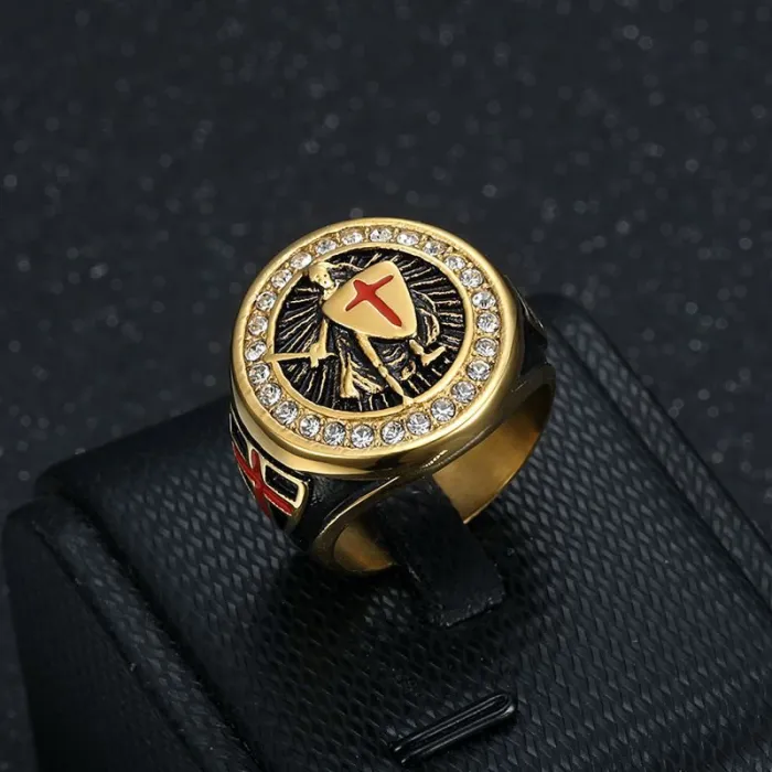 Wholesale Templar Shield Ring – Bulk Gold-Tone Titanium Steel Hip Hop Ring with Red Cross for Men