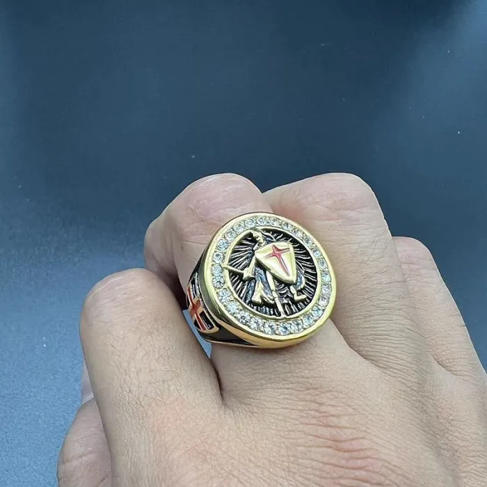 Wholesale Templar Shield Ring – Bulk Gold-Tone Titanium Steel Hip Hop Ring with Red Cross for Men