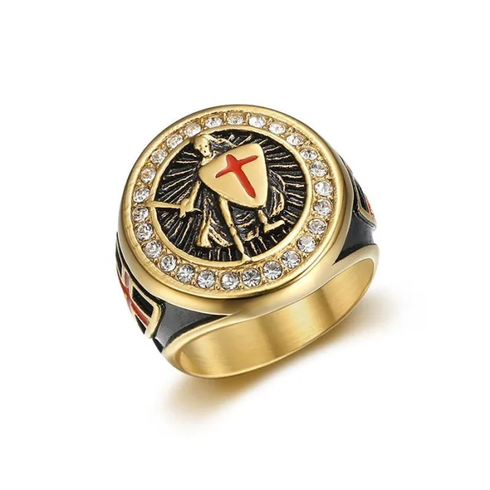Wholesale Templar Shield Ring – Bulk Gold-Tone Titanium Steel Hip Hop Ring with Red Cross for Men