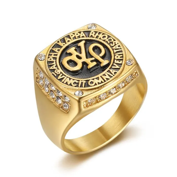 Wholesale AKP Ring for Men – Bulk Gold-Plated Polished Stainless Steel Ring with Rhinestones at Factory Price