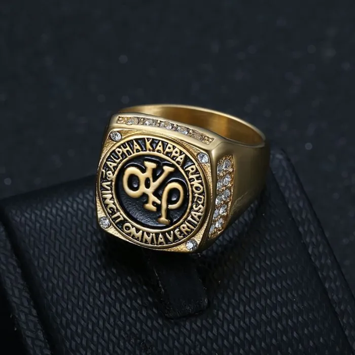 Wholesale AKP Ring for Men – Bulk Gold-Plated Polished Stainless Steel Ring with Rhinestones at Factory Price
