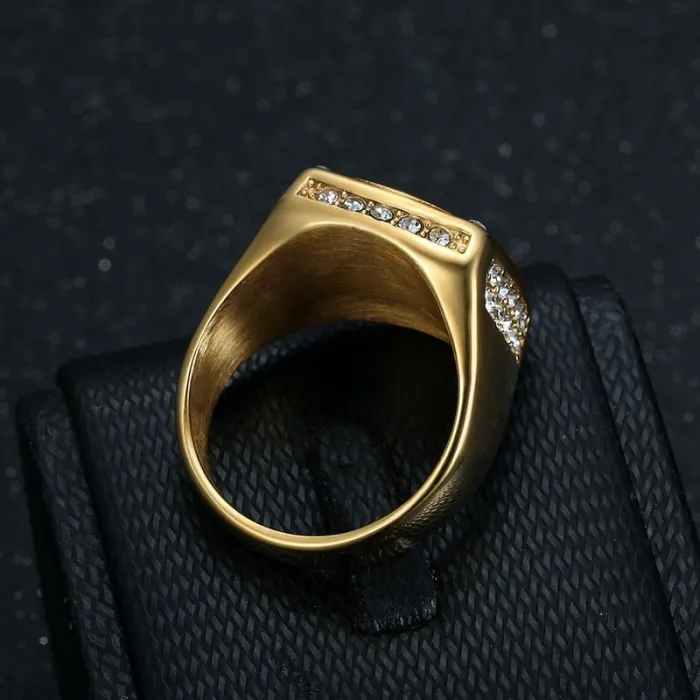 Wholesale AKP Ring for Men – Bulk Gold-Plated Polished Stainless Steel Ring with Rhinestones at Factory Price