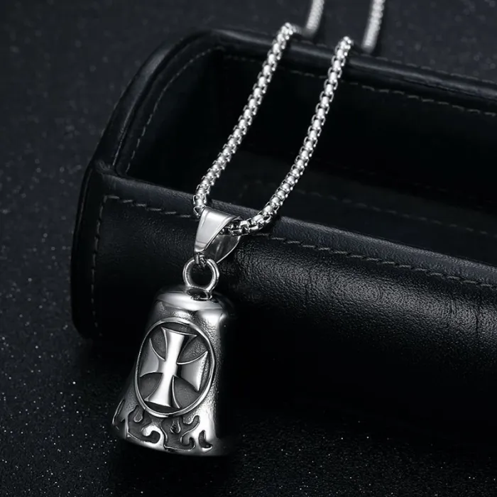 Wholesale Cross Ride Bell Pendant – Bulk Vintage Polished Stainless Steel Exorcism Necklace for Bikers
