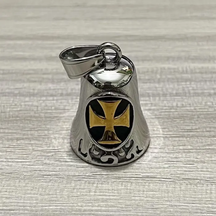 Wholesale Cross Ride Bell Pendant – Bulk Vintage Polished Stainless Steel Exorcism Necklace for Bikers