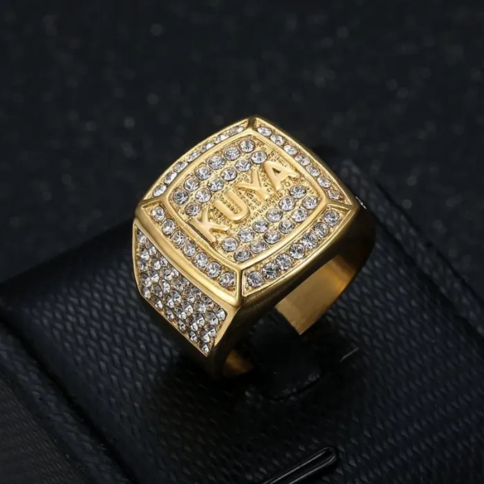 Wholesale KUYA Hip Hop Ring – Bulk Gold-Plated Titanium Steel Men's Ring with Rhinestones at Factory Price