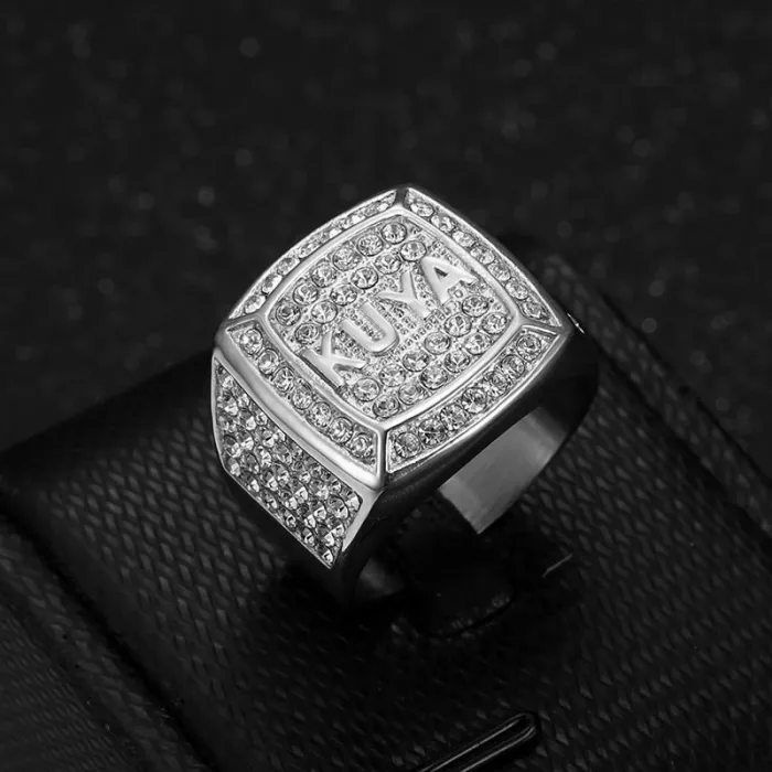 Wholesale KUYA Hip Hop Ring – Bulk Gold-Plated Titanium Steel Men's Ring with Rhinestones at Factory Price