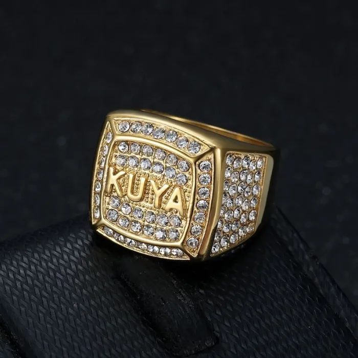 Wholesale KUYA Hip Hop Ring – Bulk Gold-Plated Titanium Steel Men's Ring with Rhinestones at Factory Price