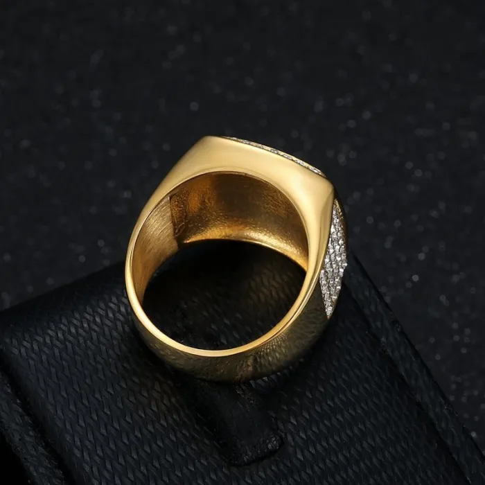 Wholesale KUYA Hip Hop Ring – Bulk Gold-Plated Titanium Steel Men's Ring with Rhinestones at Factory Price