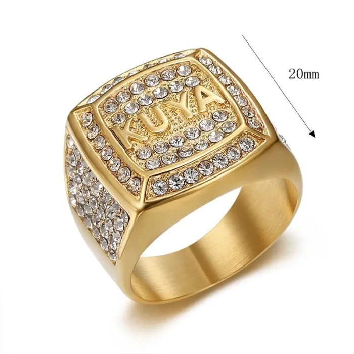 Wholesale KUYA Hip Hop Ring – Bulk Gold-Plated Titanium Steel Men's Ring with Rhinestones at Factory Price