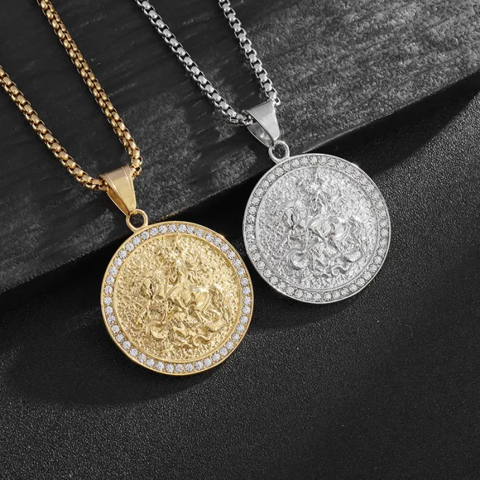 Wholesale St. George Pendant Necklace – Bulk Gold-Plated Titanium Steel Hip Hop Jewelry with Rhinestones