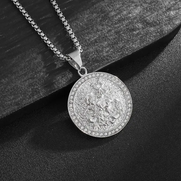 Wholesale St. George Pendant Necklace – Bulk Gold-Plated Titanium Steel Hip Hop Jewelry with Rhinestones