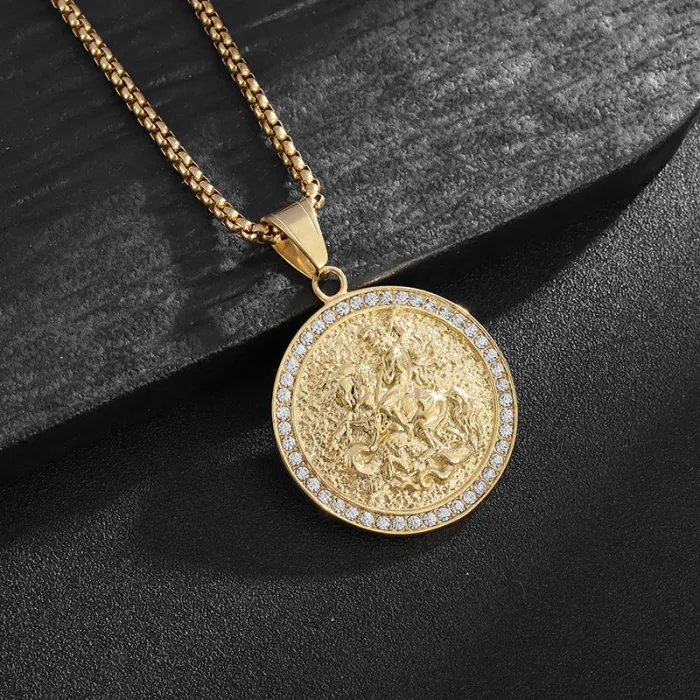 Wholesale St. George Pendant Necklace – Bulk Gold-Plated Titanium Steel Hip Hop Jewelry with Rhinestones