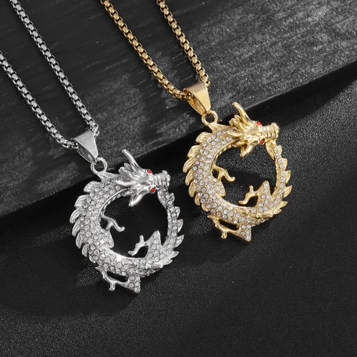 Wholesale Dragon Pendant Necklace – Bulk Gold-Plated Titanium Steel Hip Hop Zodiac Jewelry with Red Eyes & Rhinestones