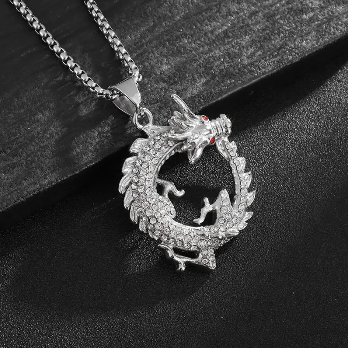 Wholesale Dragon Pendant Necklace – Bulk Gold-Plated Titanium Steel Hip Hop Zodiac Jewelry with Red Eyes & Rhinestones