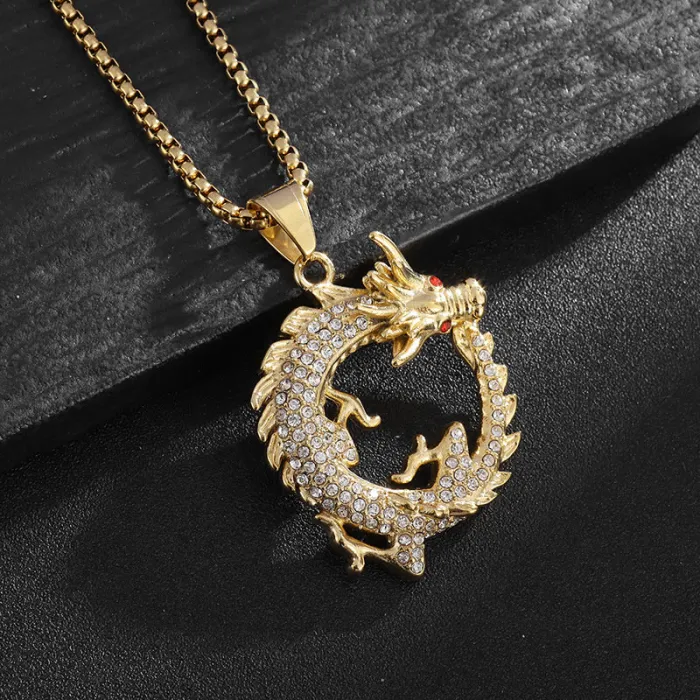 Wholesale Dragon Pendant Necklace – Bulk Gold-Plated Titanium Steel Hip Hop Zodiac Jewelry with Red Eyes & Rhinestones