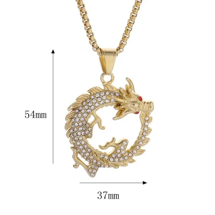 Wholesale Dragon Pendant Necklace – Bulk Gold-Plated Titanium Steel Hip Hop Zodiac Jewelry with Red Eyes & Rhinestones
