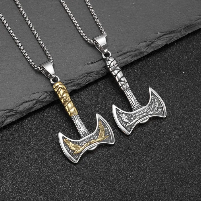 Wholesale Viking Axe Pendant – Bulk Titanium & Stainless Steel Double-Blade Hip Hop Necklace for Men