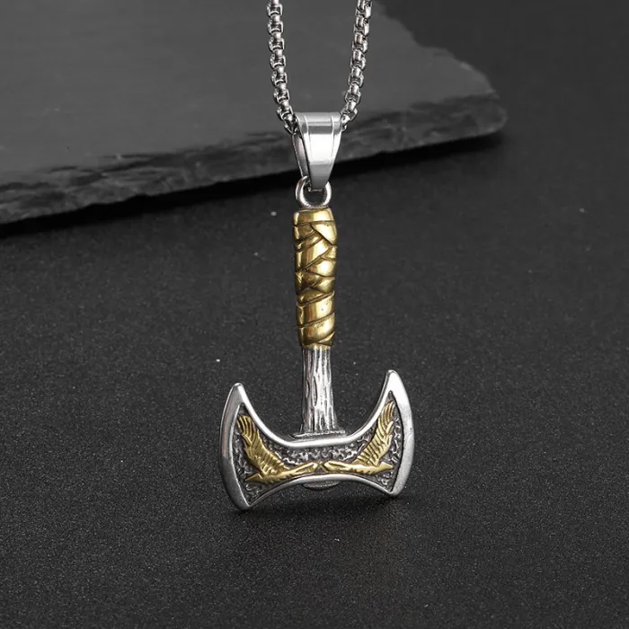 Wholesale Viking Axe Pendant – Bulk Titanium & Stainless Steel Double-Blade Hip Hop Necklace for Men