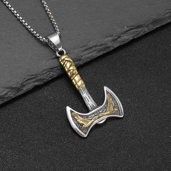 Wholesale Viking Axe Pendant – Bulk Titanium & Stainless Steel Double-Blade Hip Hop Necklace for Men
