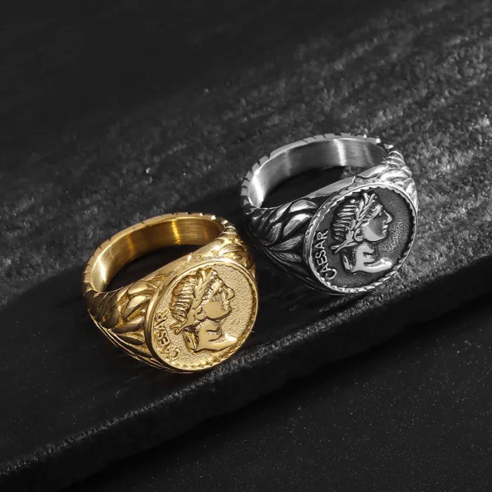 Wholesale Caesar Coin Ring – Bulk Vintage Gold-Plated Stainless Steel Portrait Ring for Men in English Version