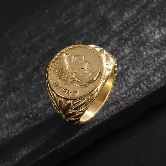 Wholesale Caesar Coin Ring – Bulk Vintage Gold-Plated Stainless Steel Portrait Ring for Men in English Version