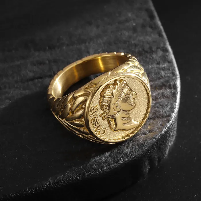 Wholesale Caesar Coin Ring – Bulk Vintage Gold-Plated Stainless Steel Portrait Ring for Men in English Version