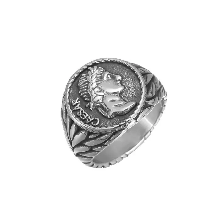 Wholesale Caesar Coin Ring – Bulk Vintage Gold-Plated Stainless Steel Portrait Ring for Men in English Version