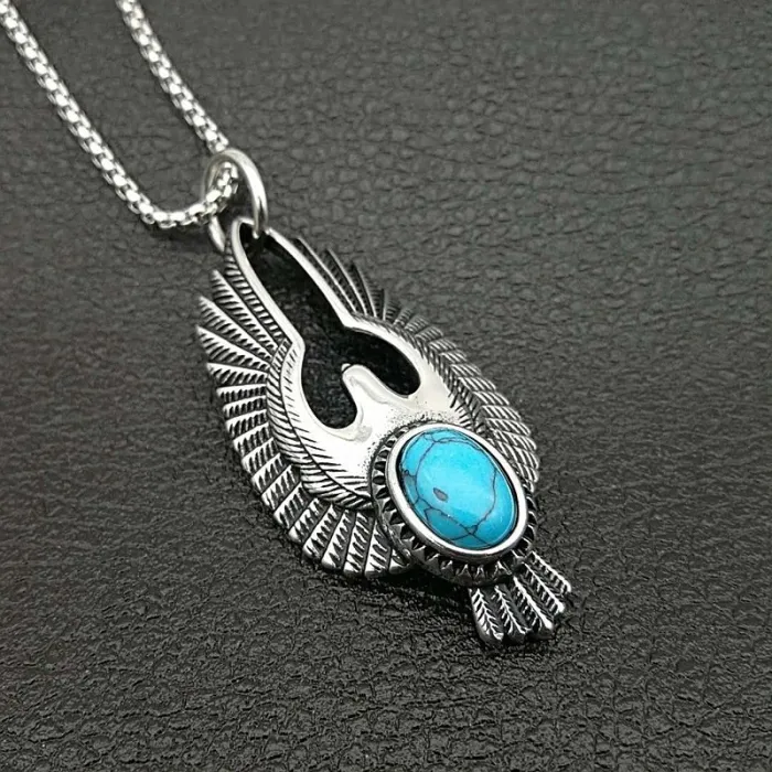 Wholesale Punk Eagle Pendant Necklace – Polished Stainless Steel with Turquoise, Bulk Supplier at Factory Price