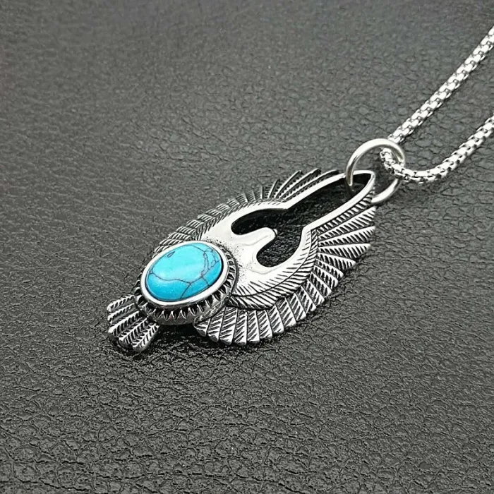 Wholesale Punk Eagle Pendant Necklace – Polished Stainless Steel with Turquoise, Bulk Supplier at Factory Price