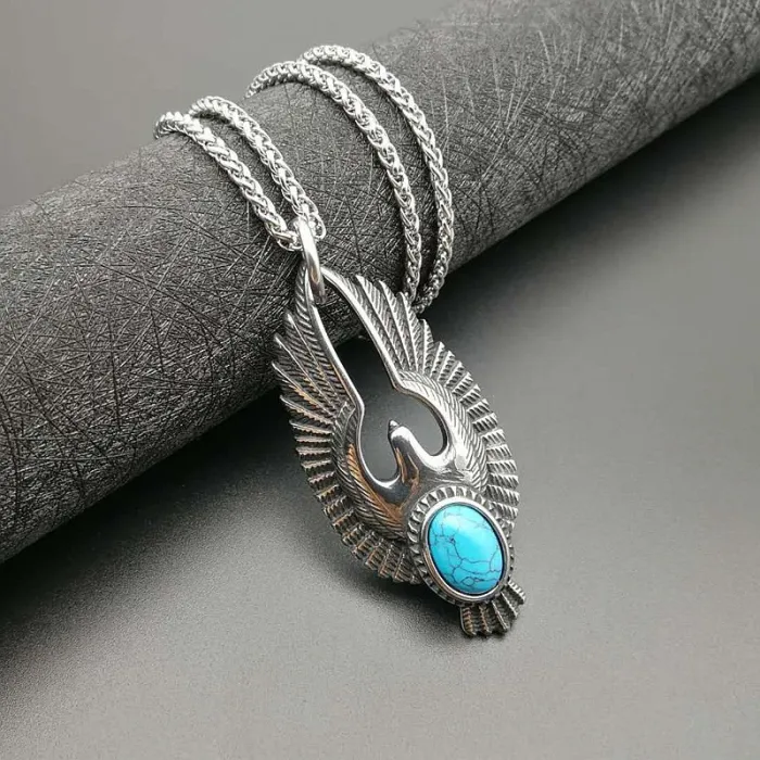 Wholesale Punk Eagle Pendant Necklace – Polished Stainless Steel with Turquoise, Bulk Supplier at Factory Price