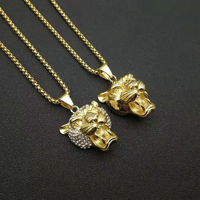 Wholesale Lion Head Pendant Necklace – Gold Plated Stainless Steel Hip Hop Jewelry in Bulk, Factory Price Supplier