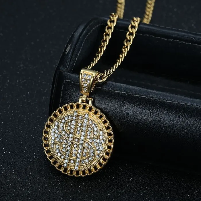 Wholesale Dollar Sign Pendant Necklace – Gold Plated Cuban Chain Hip Hop Jewelry in Bulk, Factory Price Supplier