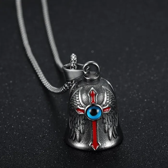 Wholesale Biker Bell with Blue Eye & Red Cross – Vintage Winged Stainless Steel Charm in Bulk, Factory Price Supplier