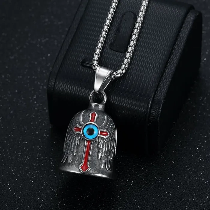 Wholesale Biker Bell with Blue Eye & Red Cross – Vintage Winged Stainless Steel Charm in Bulk, Factory Price Supplier
